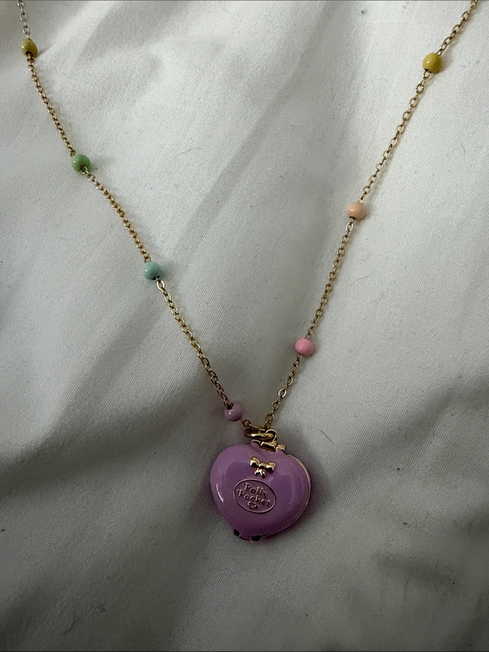Gold Chain Necklace with Purple Heart Locket and Pastel Beads